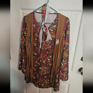 Floral Peace Sign Top with Brown Vest